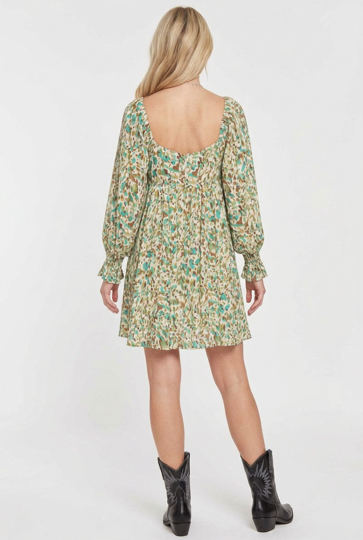 Printed mini dress full-back studio view