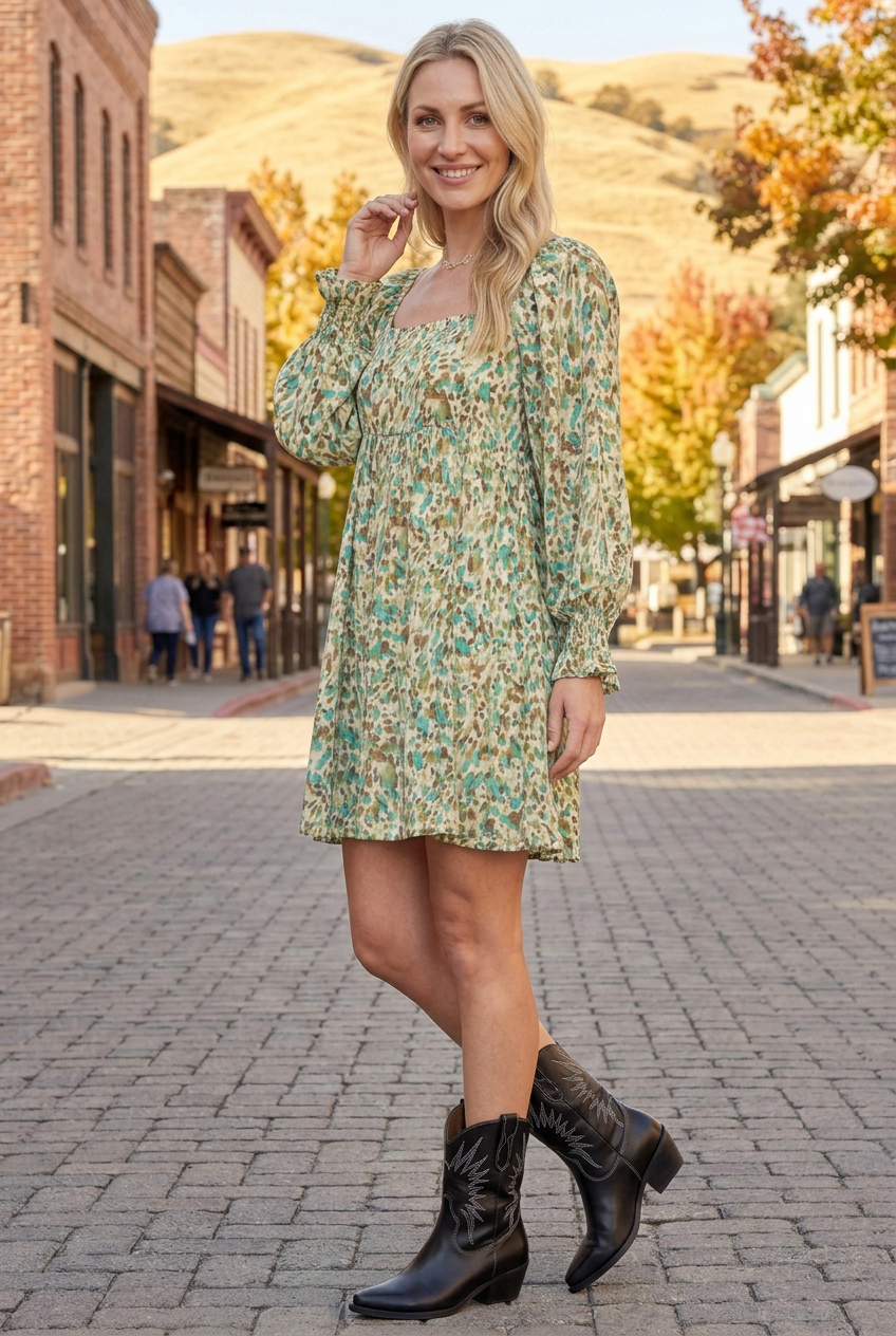 Printed mini dress half-side lifestyle view