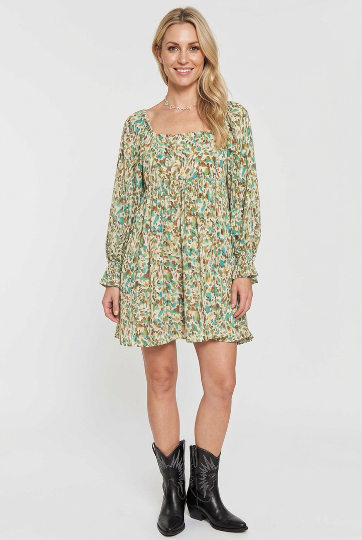 Printed mini dress on a new regular-size blonde model