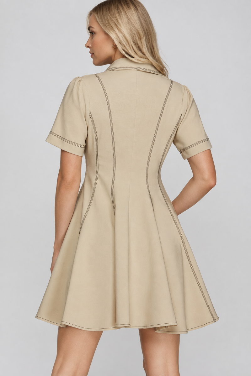 Product photo, blonde model, full back pose, studio background, accurate stitching detail
