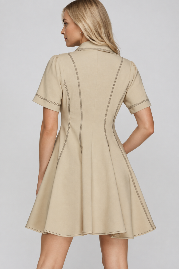 Product photo, blonde model, full back pose, studio background, accurate stitching detail