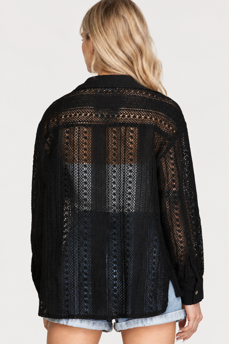 Product photo, blonde model, full back pose, studio background, black crochet lace set preserved, polished quality