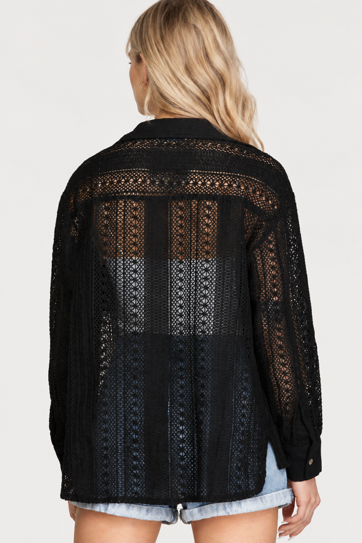 Product photo, blonde model, full back pose, studio background, black crochet lace set preserved, polished quality