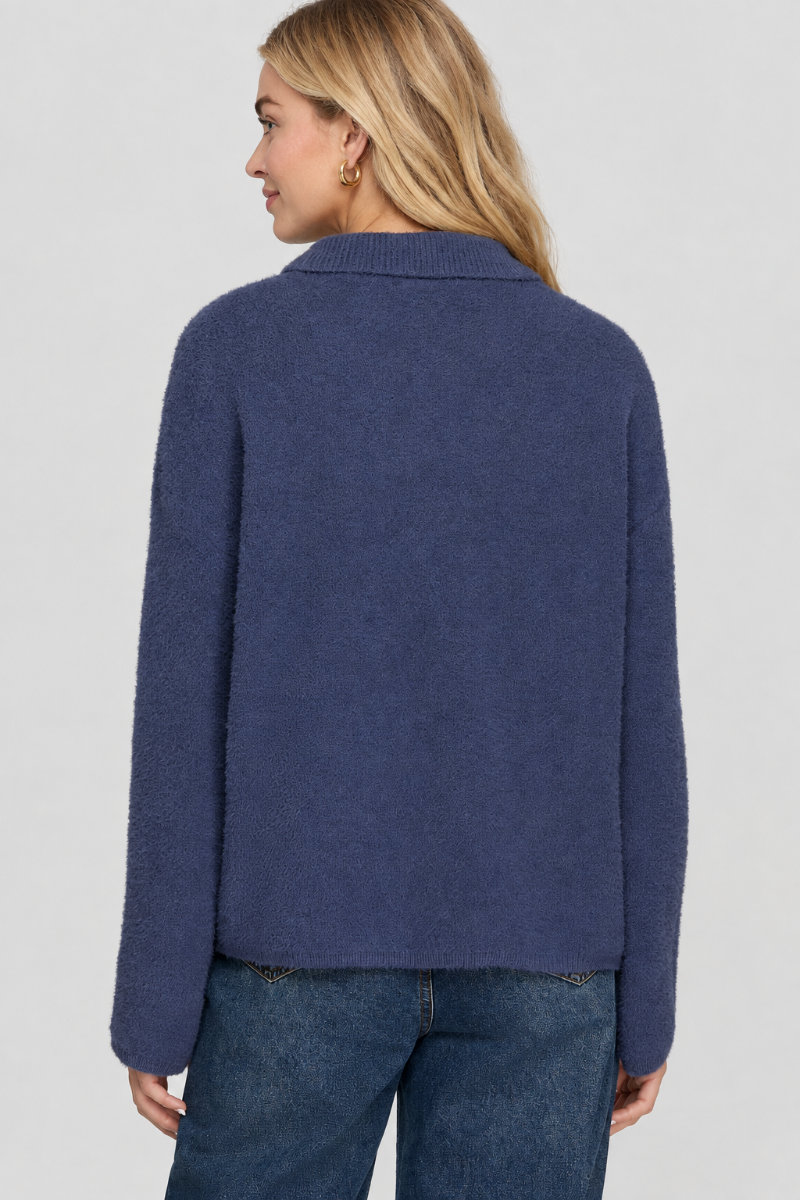 Product photo, blonde model, full back pose, studio background, blue-gray sweater preserved