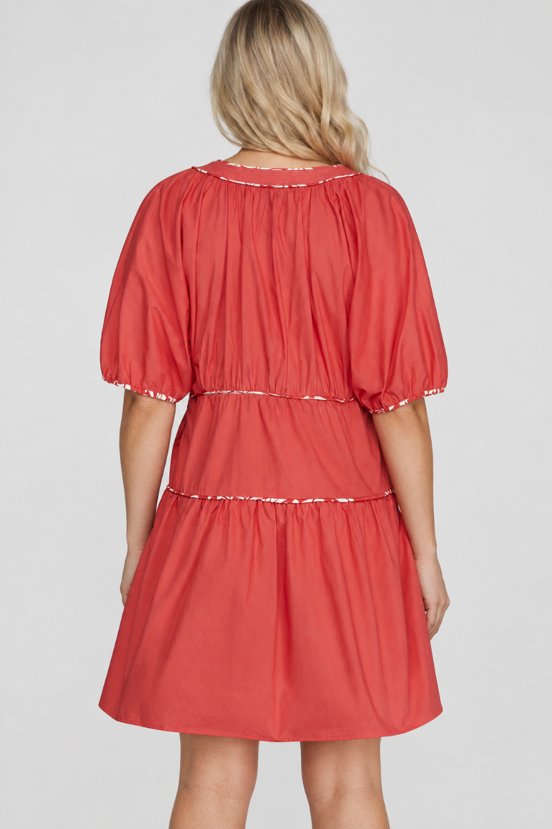 Product photo, blonde model, full back pose, studio background, coral dress preserved