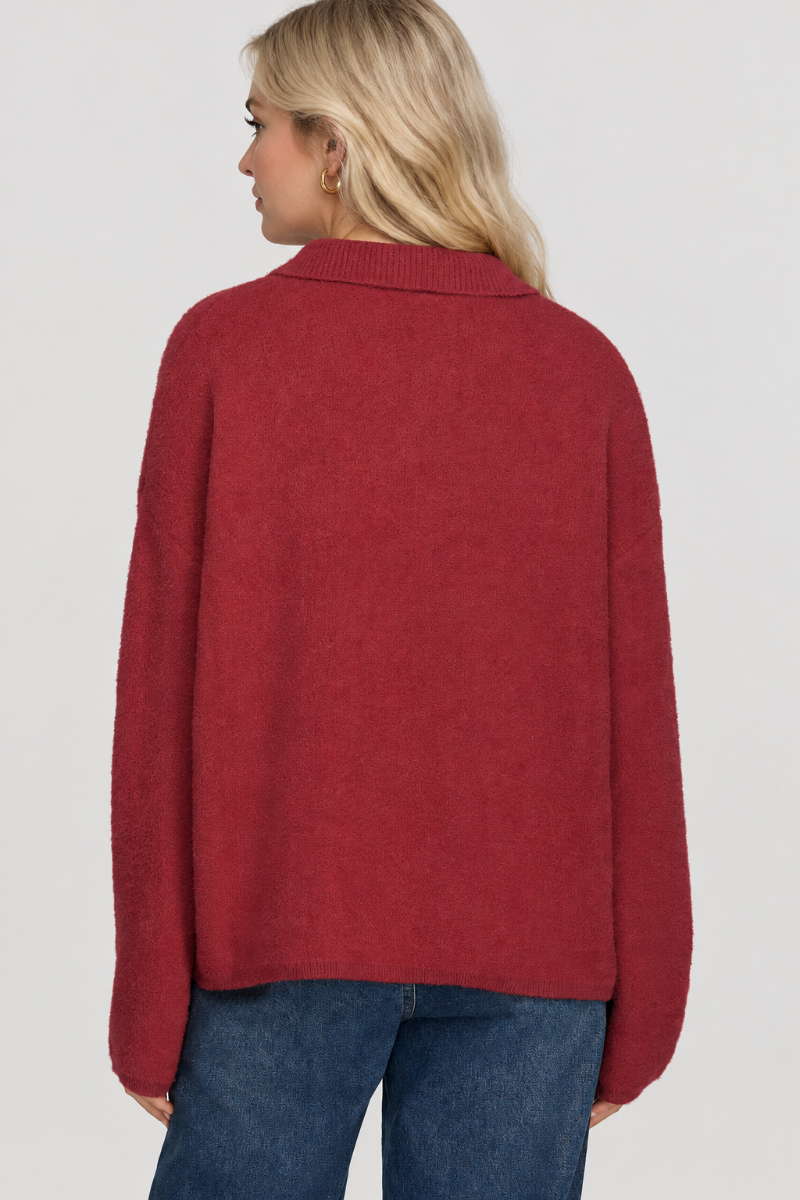 Product photo, blonde model, full back pose, studio background, deep red sweater preserved