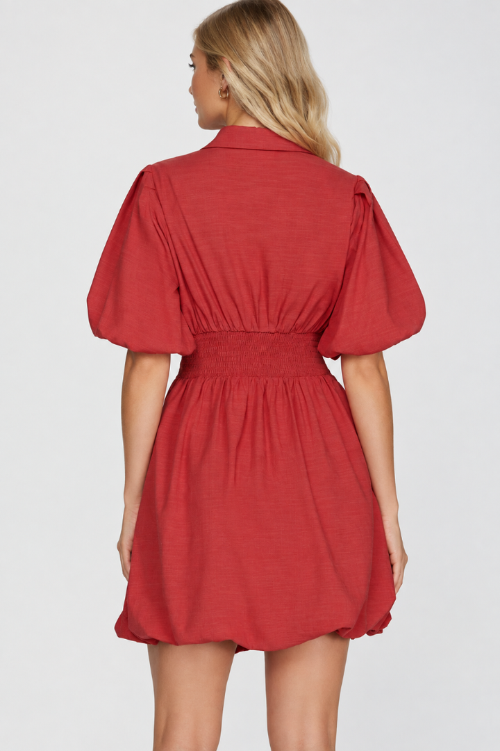 Product photo, blonde model, full back pose, studio background, red dress preserved, polished quality