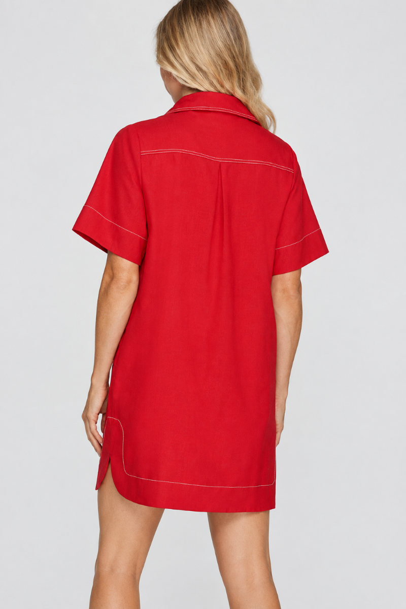 Product photo, blonde model, full back pose, studio background, red shirt dress preserved