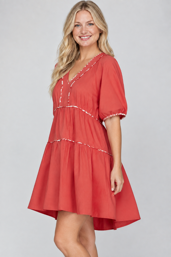Product photo, blonde model, side pose face forward, studio background, coral dress preserved