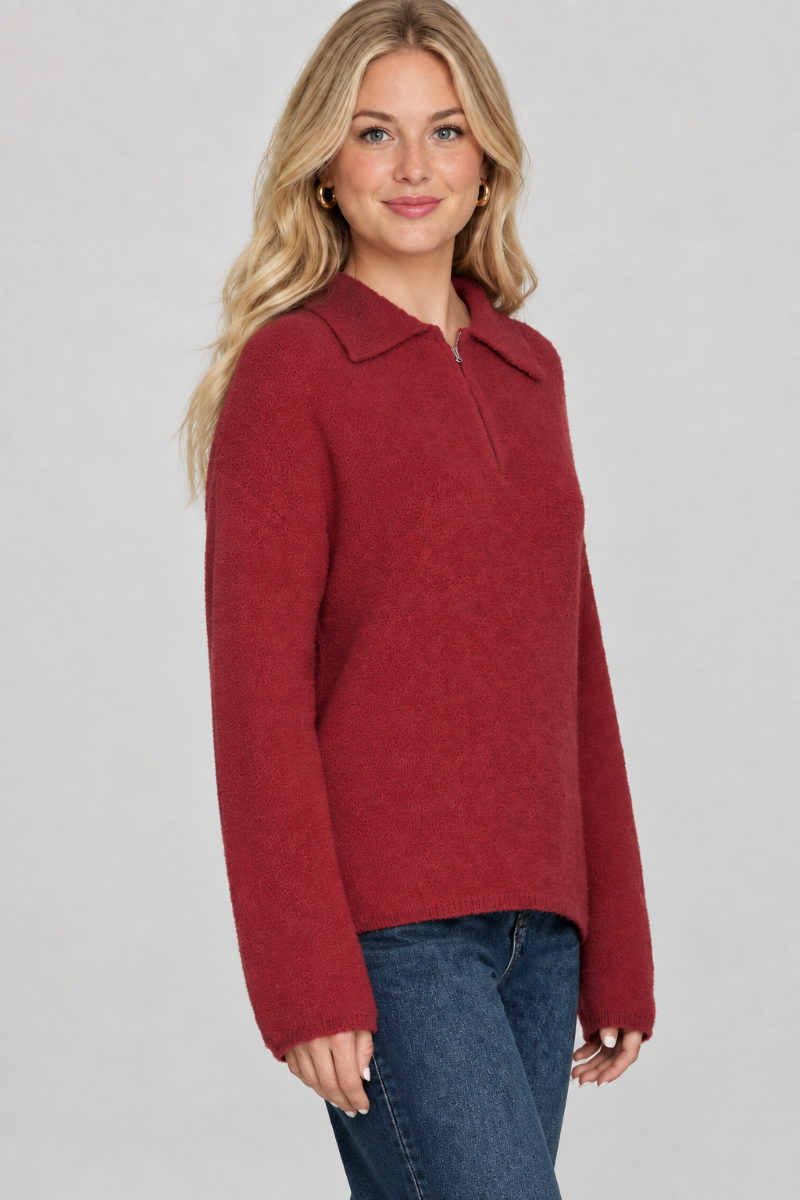 Product photo, blonde model, side pose face forward, studio background, deep red sweater preserved