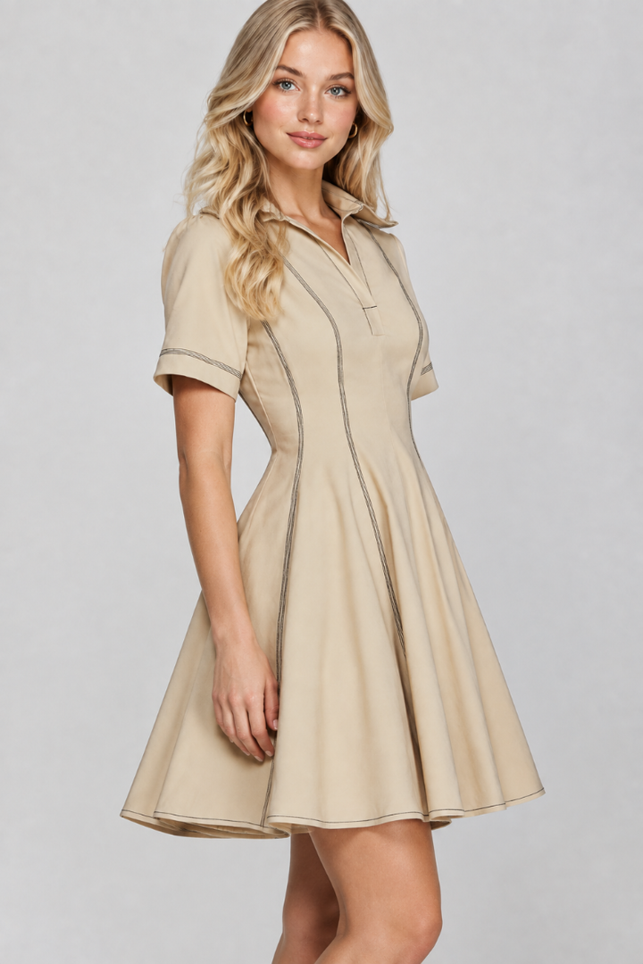 Product photo, blonde model, side pose face forward, studio background, outfit preserved