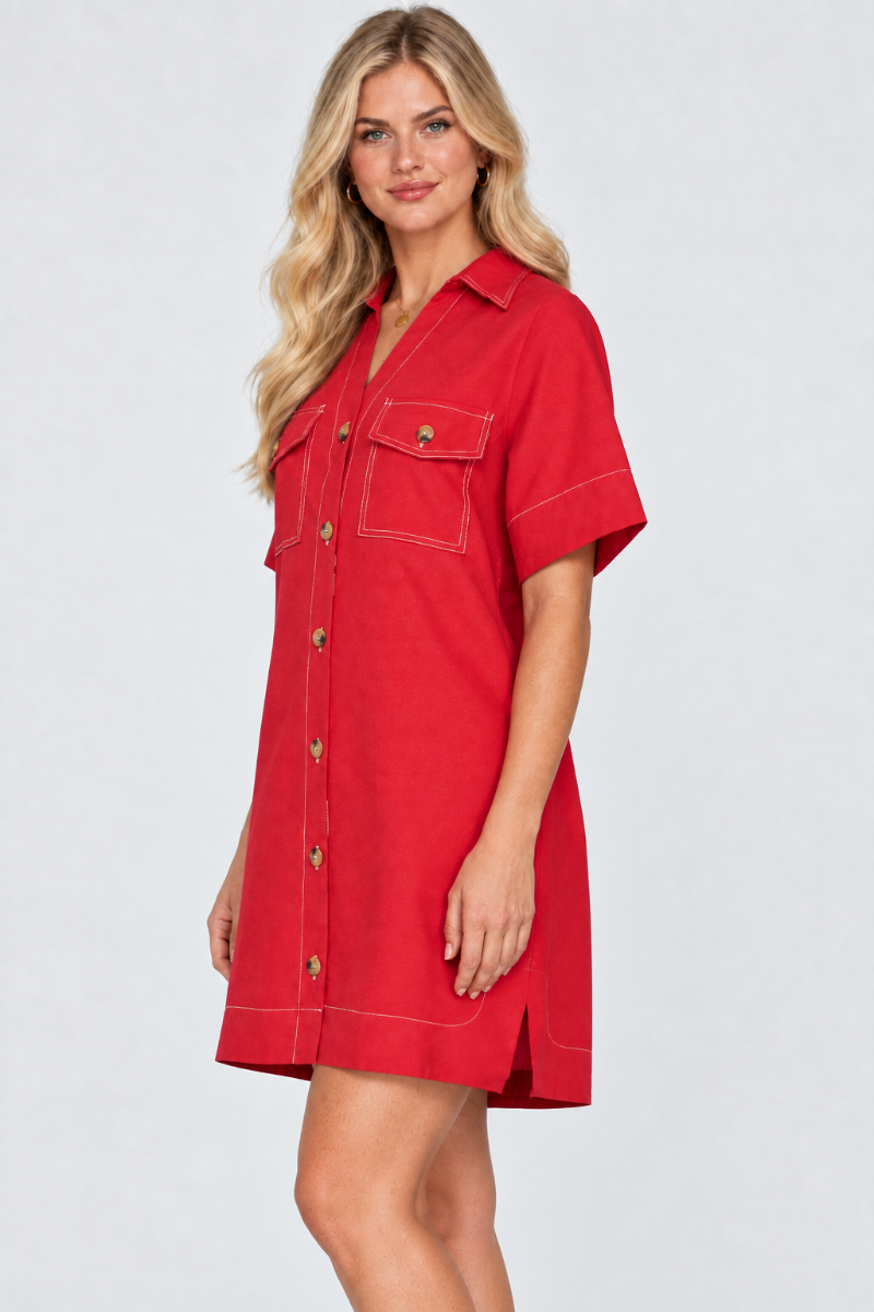 Product photo, blonde model, side pose face forward, studio background, red shirt dress preserved