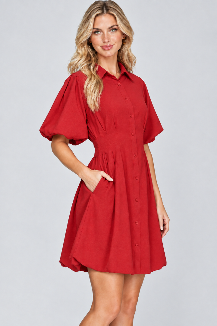 Product photo, blonde model, side pose, sharp high-res retouched quality, studio background, red dress preserved
