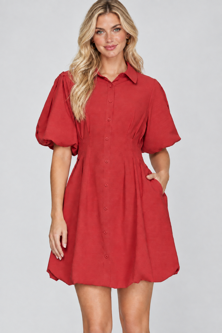 Product photo, blonde model, smoother polished retouch, studio background, red button-front puff-sleeve dress preserved