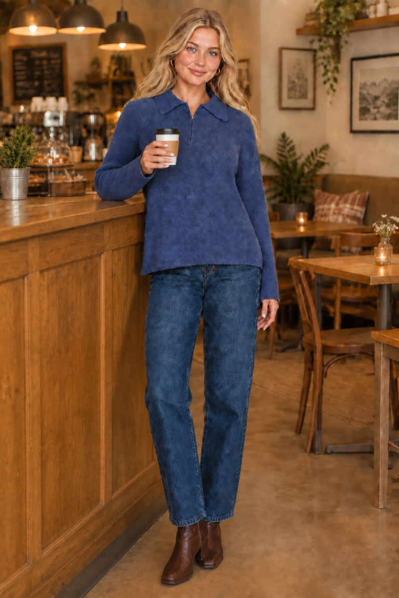 Product photo, blonde model, standing by cafe counter, holding takeaway coffee cup, ankle boots, jeans