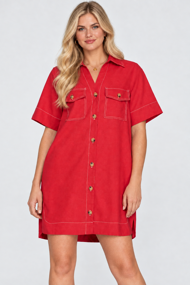 Product photo, blonde model with new face, studio background, red button-front shirt dress preserved