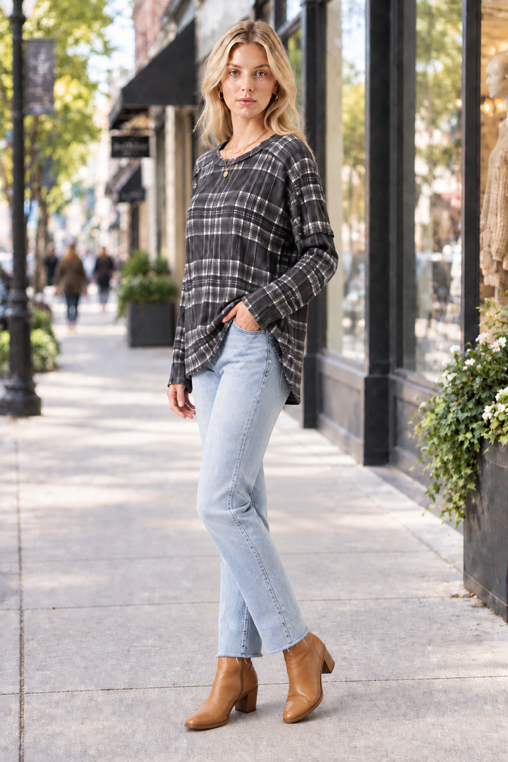 Product photo, half-side pose face forward, sidewalk of shops background