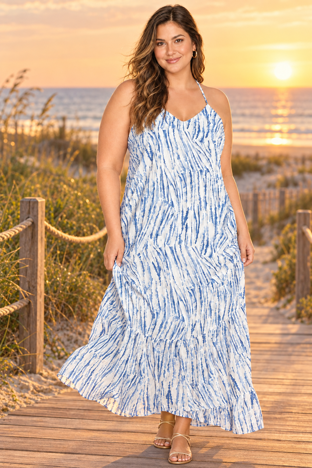 Product photo, model, blue-print maxi dress, full body front view, beach boardwalk golden hour background, sandals