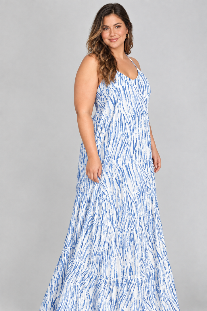Product photo, model, blue-print maxi dress, side pose face forward, studio background