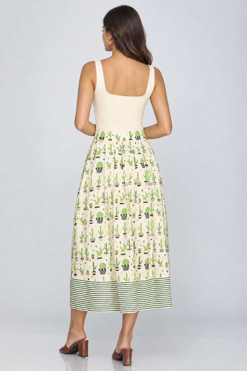 Product photo, model, cactus-print maxi dress, full back pose, studio background