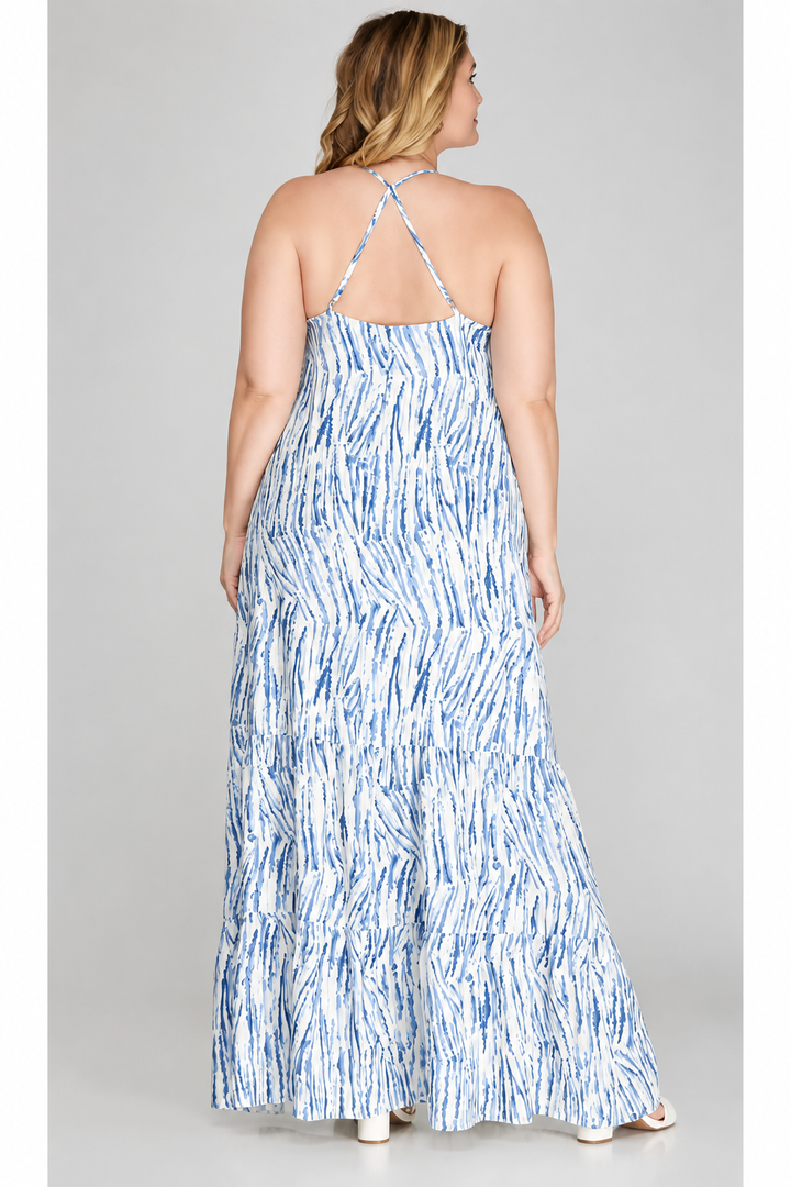 Product photo, model, maxi dress with blue print recolor, back view, studio background