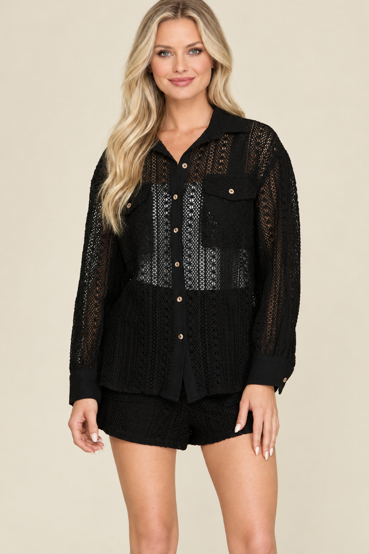 Product photo, new blonde model, studio background, black crochet lace shirt and shorts set preserved, polished quality