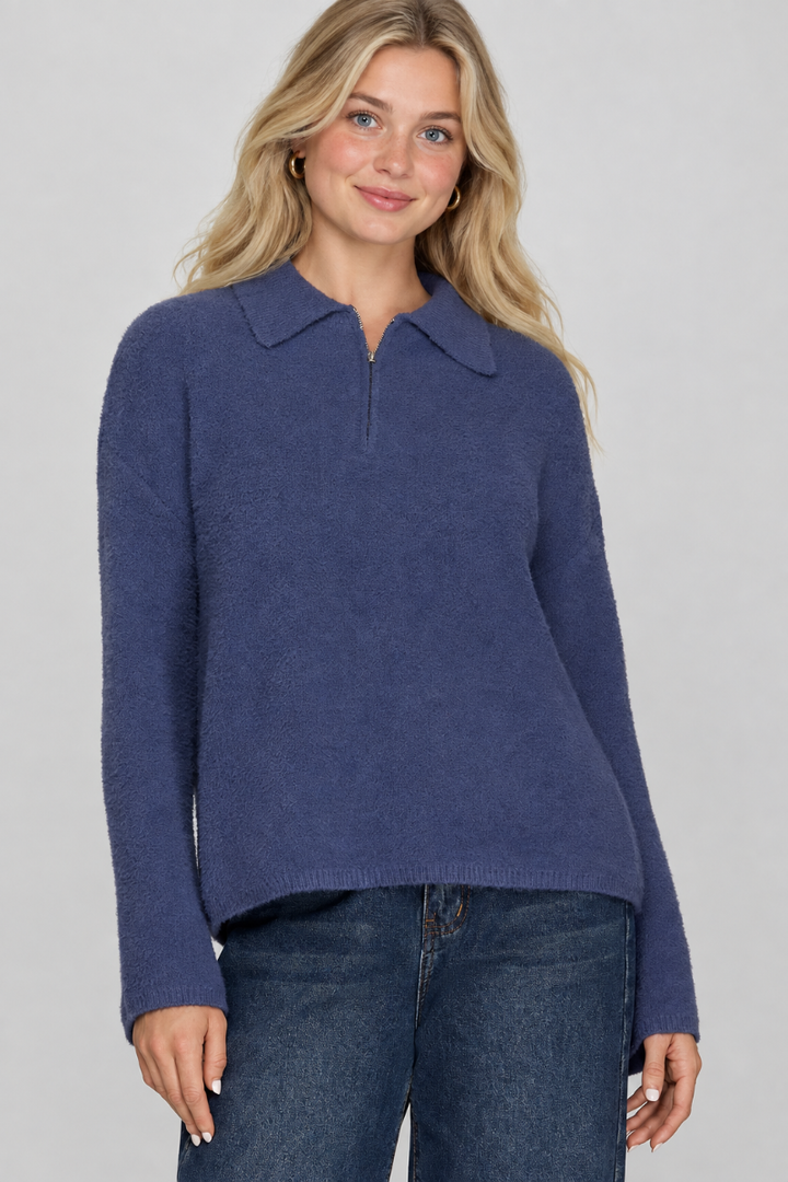 Product photo, new blonde model, studio background, blue-gray collared sweater preserved
