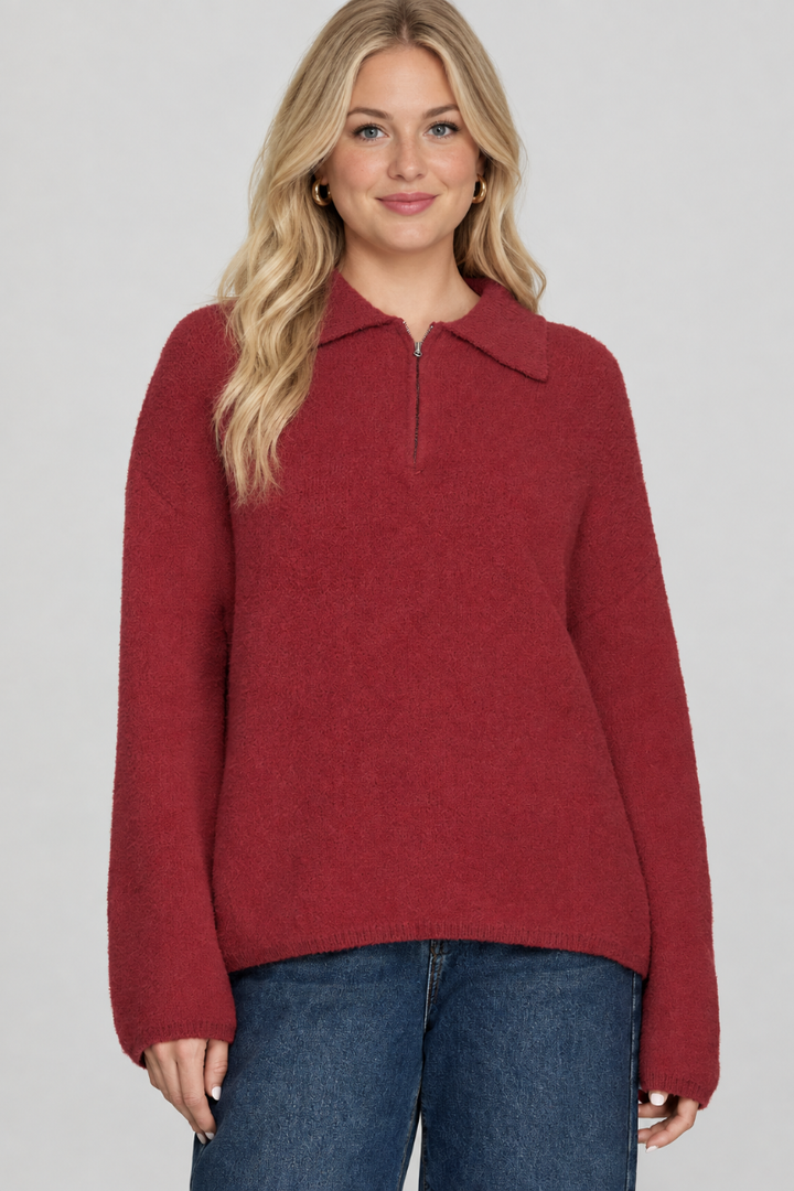 Product photo, new blonde model, studio background, deep red collared sweater preserved