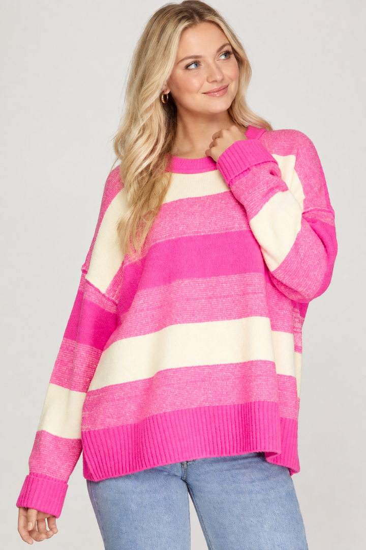Product photo, new blonde model, studio background, pink and cream striped sweater preserved