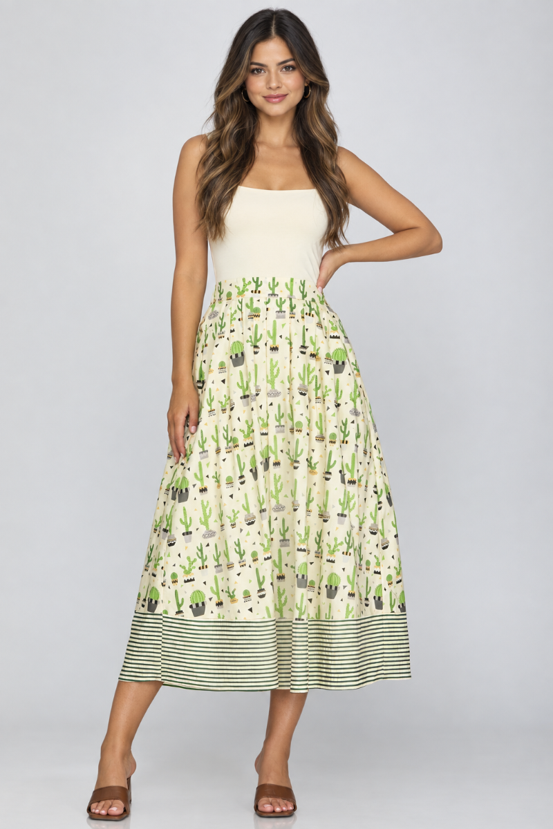 Product photo, new model, cactus-print maxi dress, studio background, polished quality