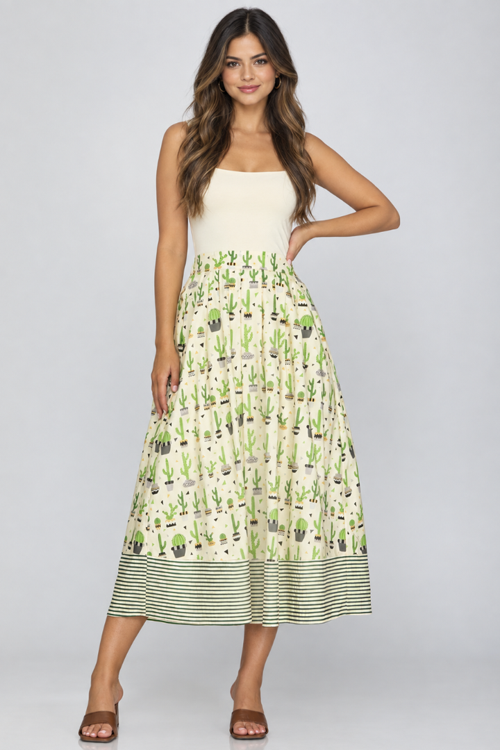 Product photo, new model, cactus-print maxi dress, studio background, polished quality