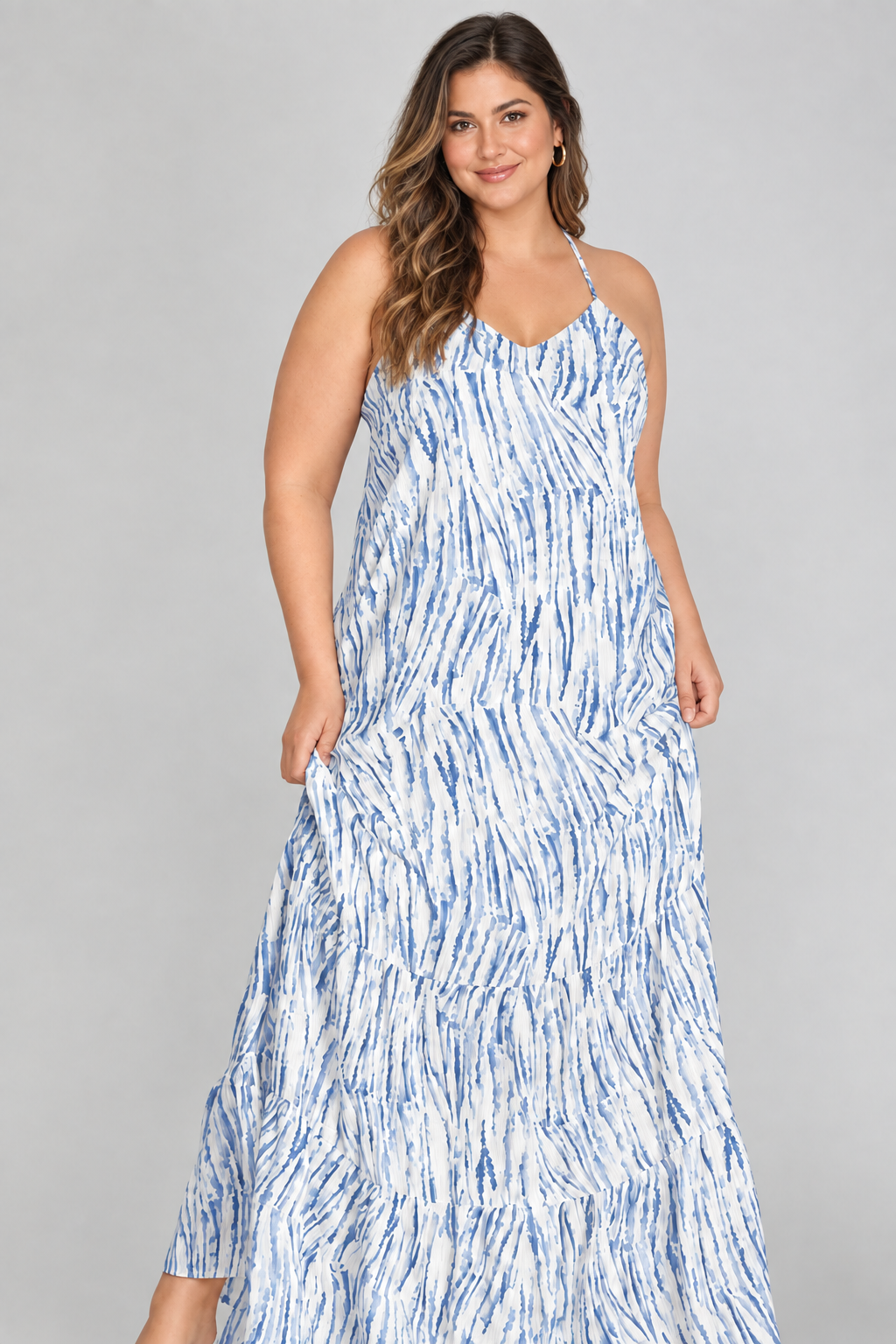 Product photo, new model face, blue-print maxi dress, front view, studio background