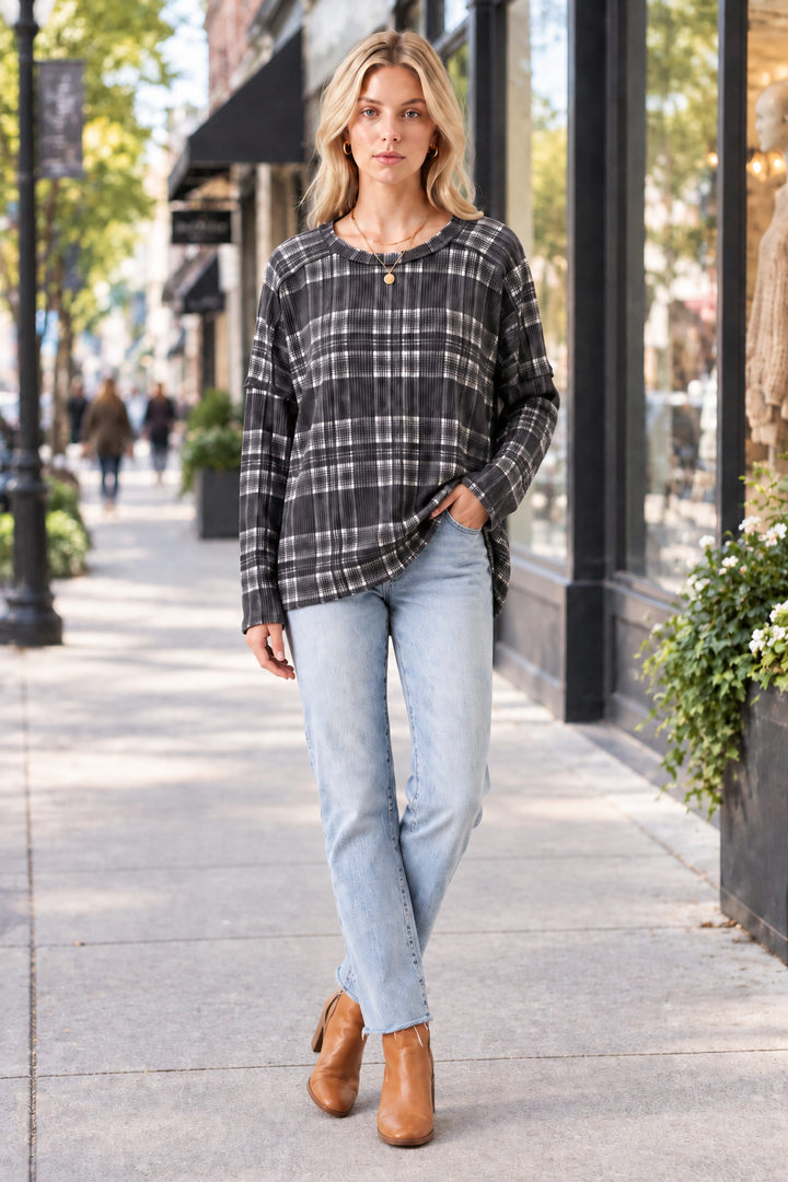 Product photo, new pose, sidewalk of shops background