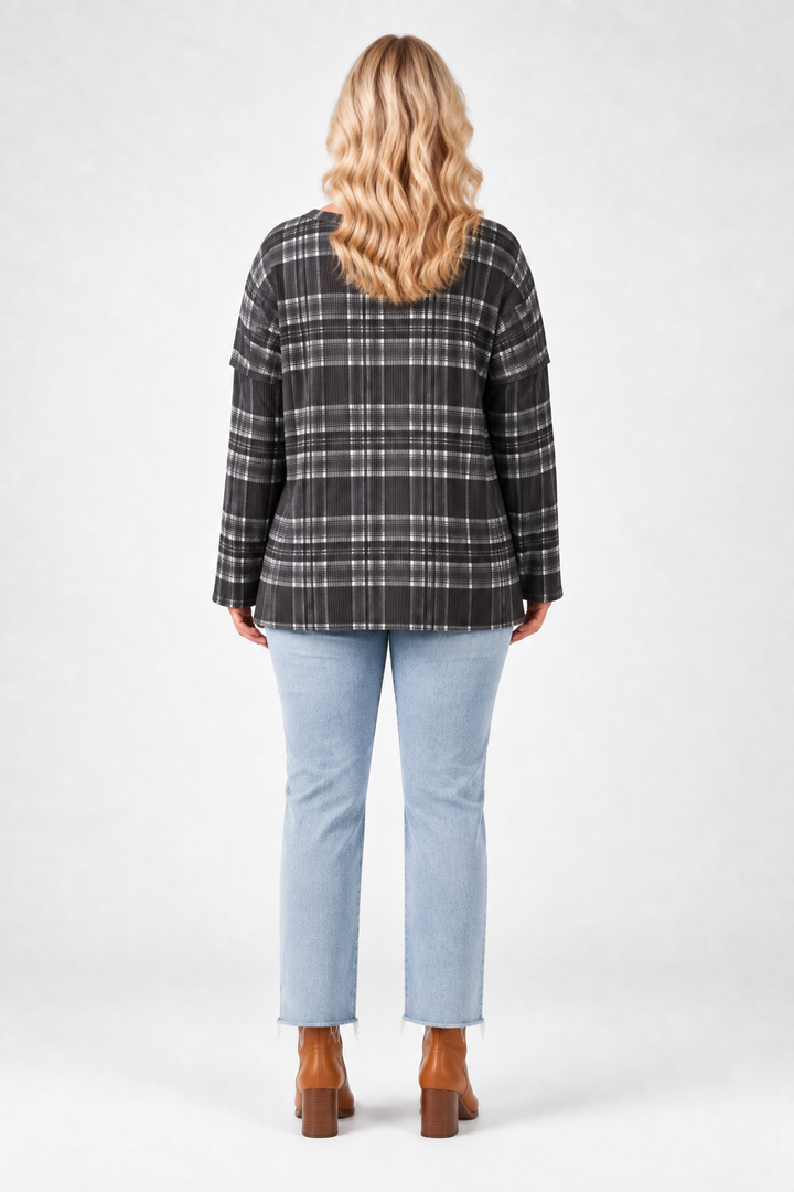 Product photo, plus-size blonde model, full back pose, studio background