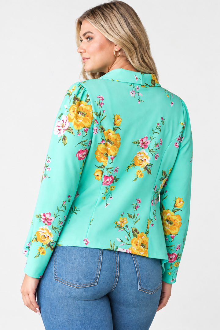 Product photo, plus-size blonde model, mint floral kimono jacket, back view, plain studio background