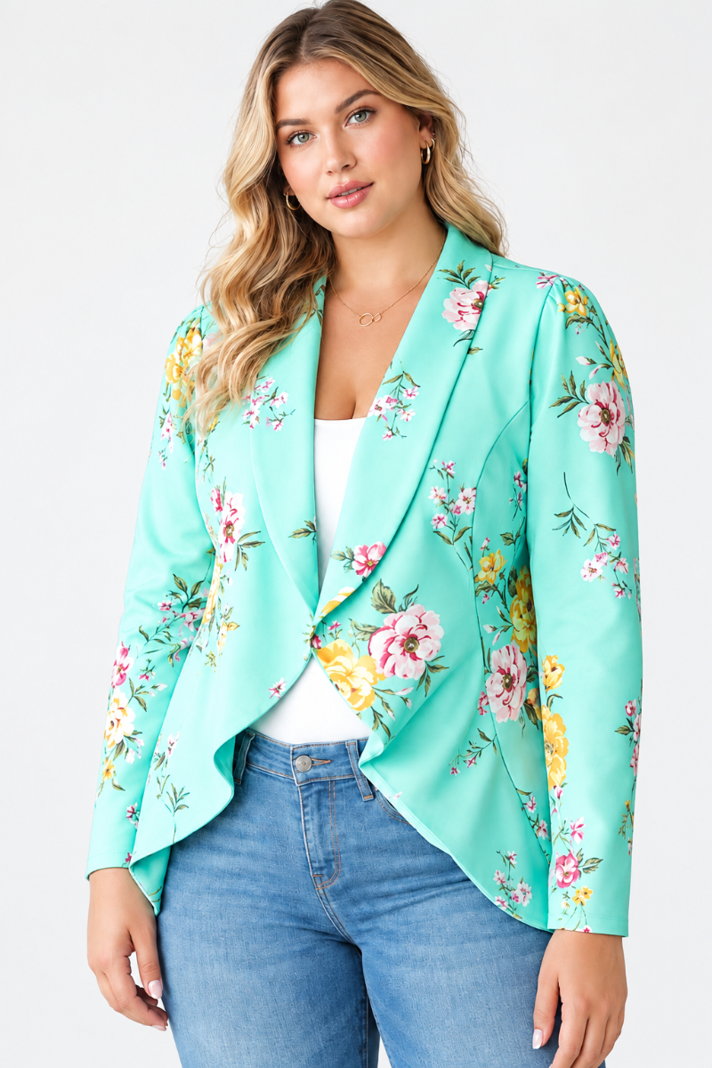 Product photo, plus-size blonde model, mint floral kimono jacket, front view, plain studio background