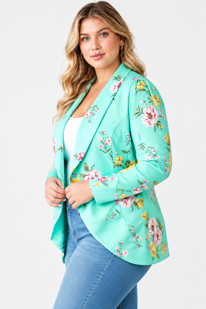 Product photo, plus-size blonde model, mint floral kimono jacket, side pose face forward, plain studio background