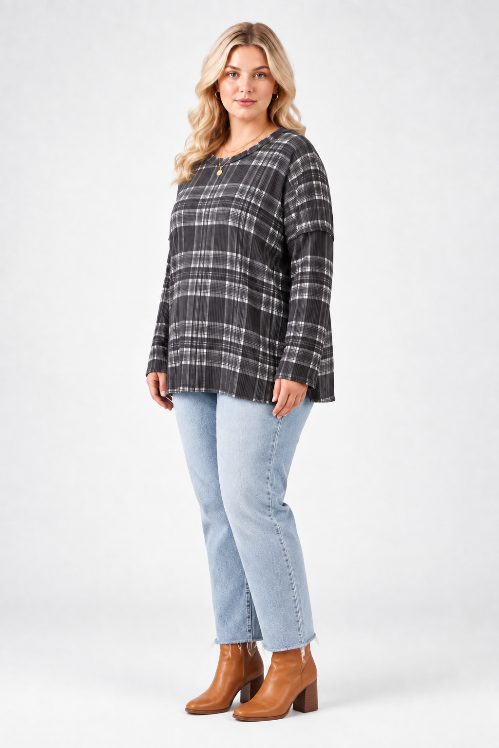 Product photo, plus-size blonde model, side pose face forward, studio background