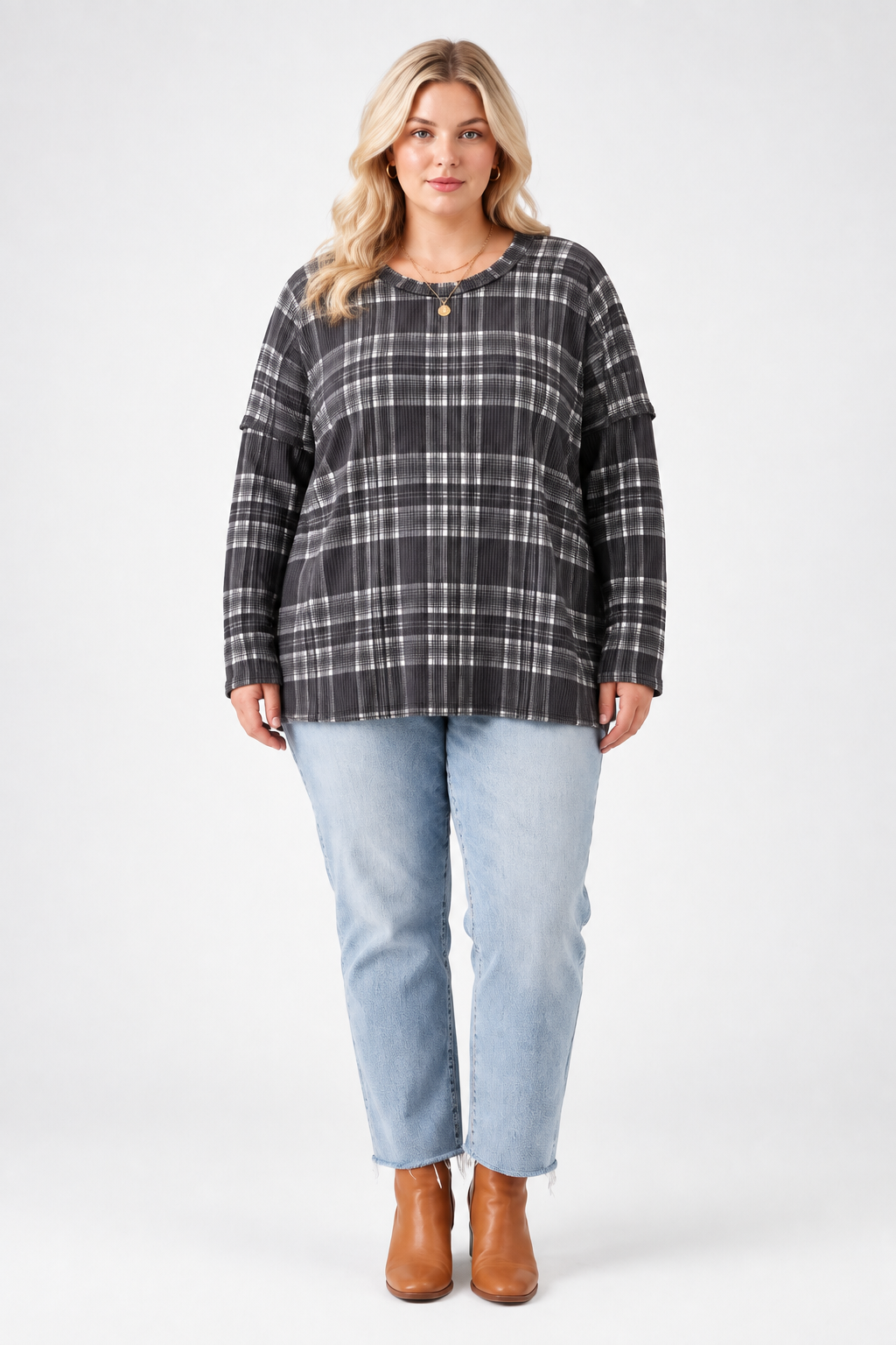 Product photo, plus-size blonde model, studio background