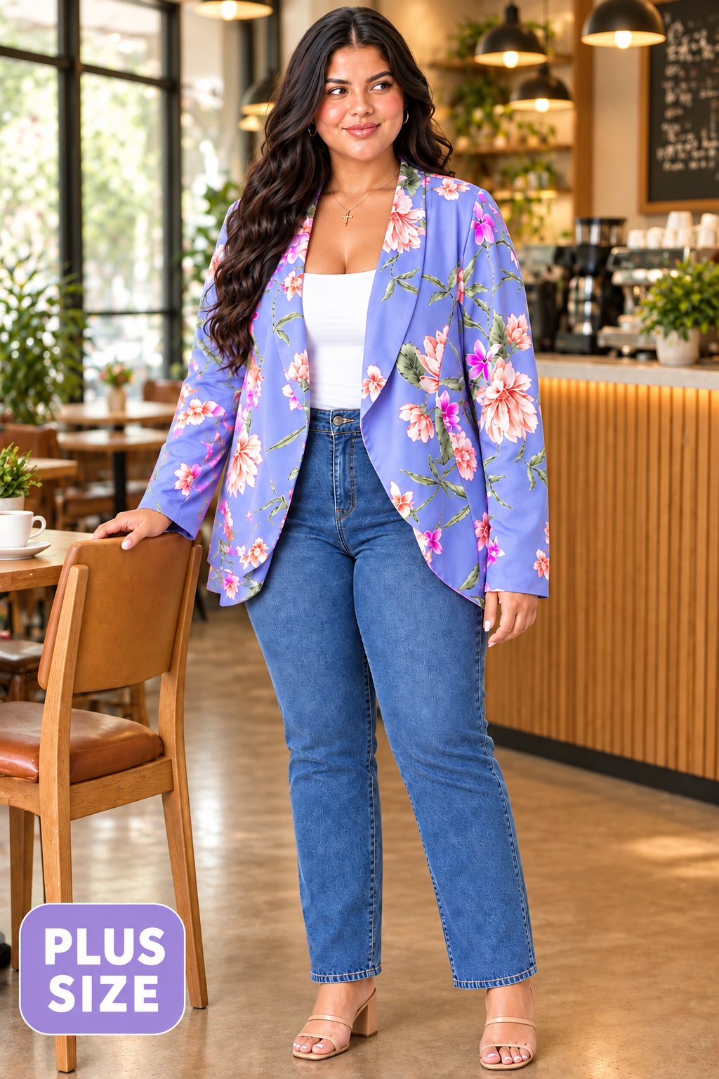 Product photo, plus-size Brazilian model, lavender floral kimono jacket, front view, cozy cafe interior background, sandals