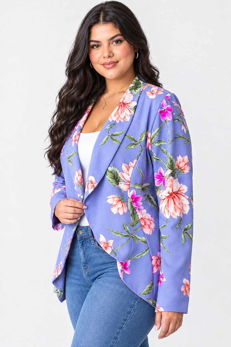 Product photo, plus-size Brazilian model, lavender floral kimono jacket, side pose face forward, plain studio background