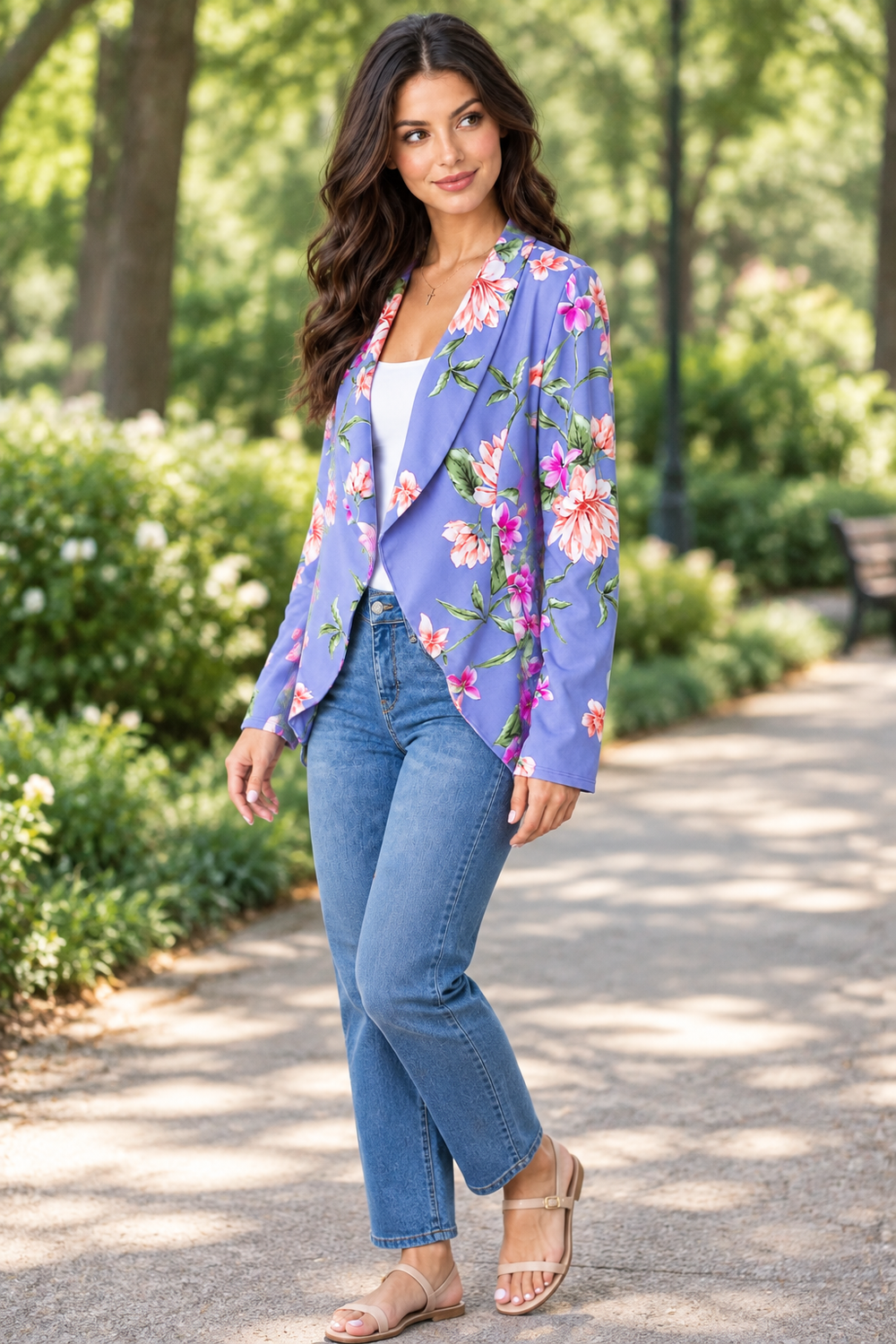 Product photo, regular-size model, lavender floral kimono jacket, candid pose, leafy park pathway background, sandals