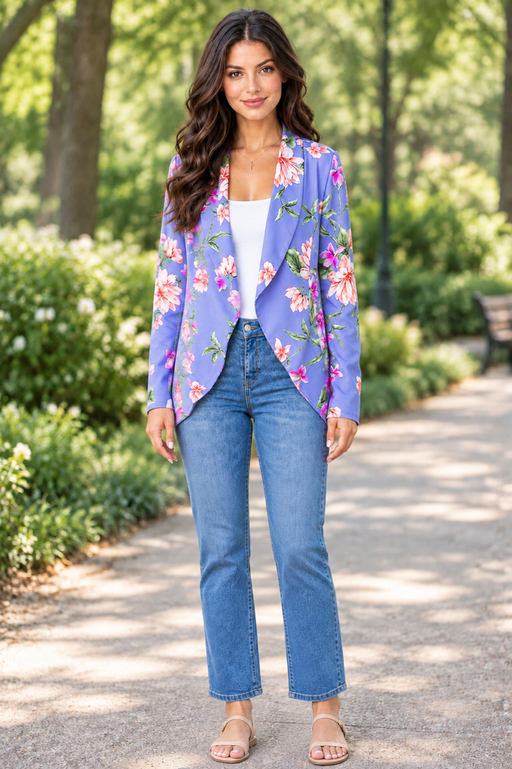Product photo, regular-size model, lavender floral kimono jacket, front view, leafy park pathway background, sandals