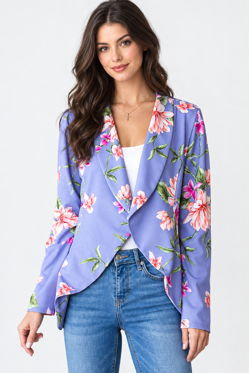 Product photo, regular-size model, lavender floral kimono jacket, front view, plain studio background