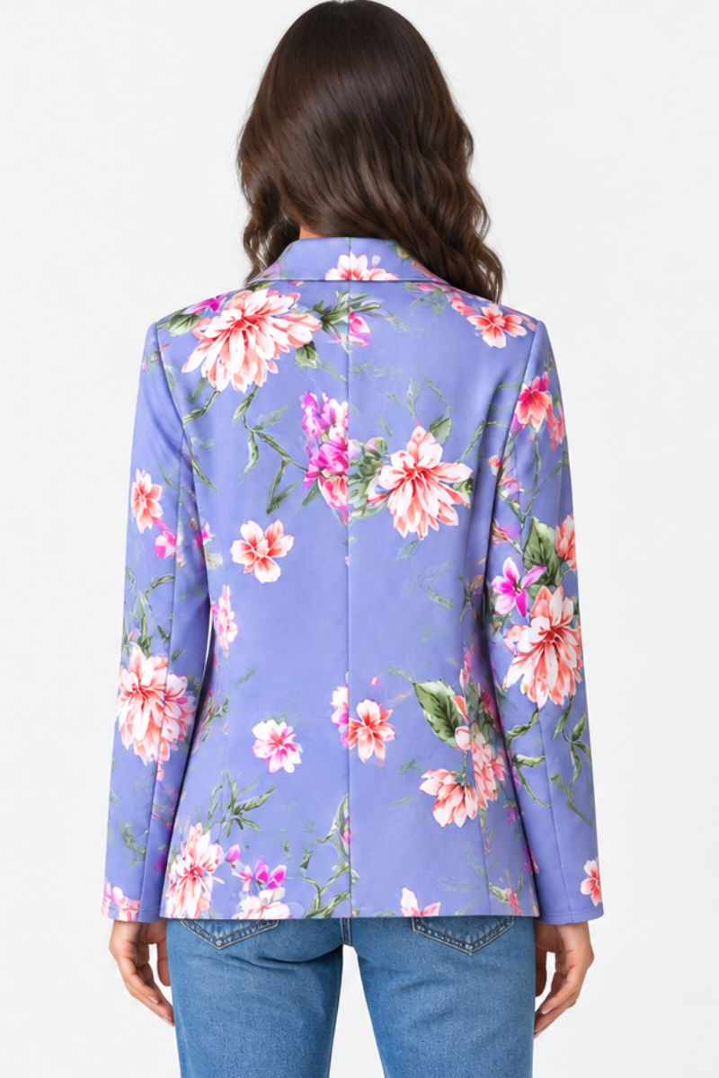 Product photo, regular-size model, lavender floral kimono jacket, full back pose, plain studio background