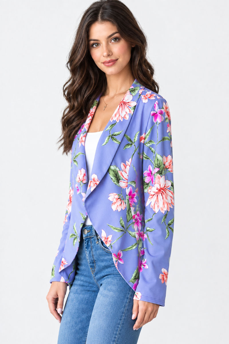 Product photo, regular-size model, lavender floral kimono jacket, side pose face forward, plain studio background