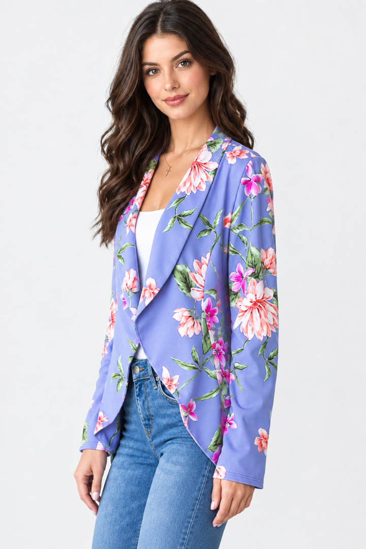 Product photo, regular-size model, lavender floral kimono jacket, side pose face forward, plain studio background