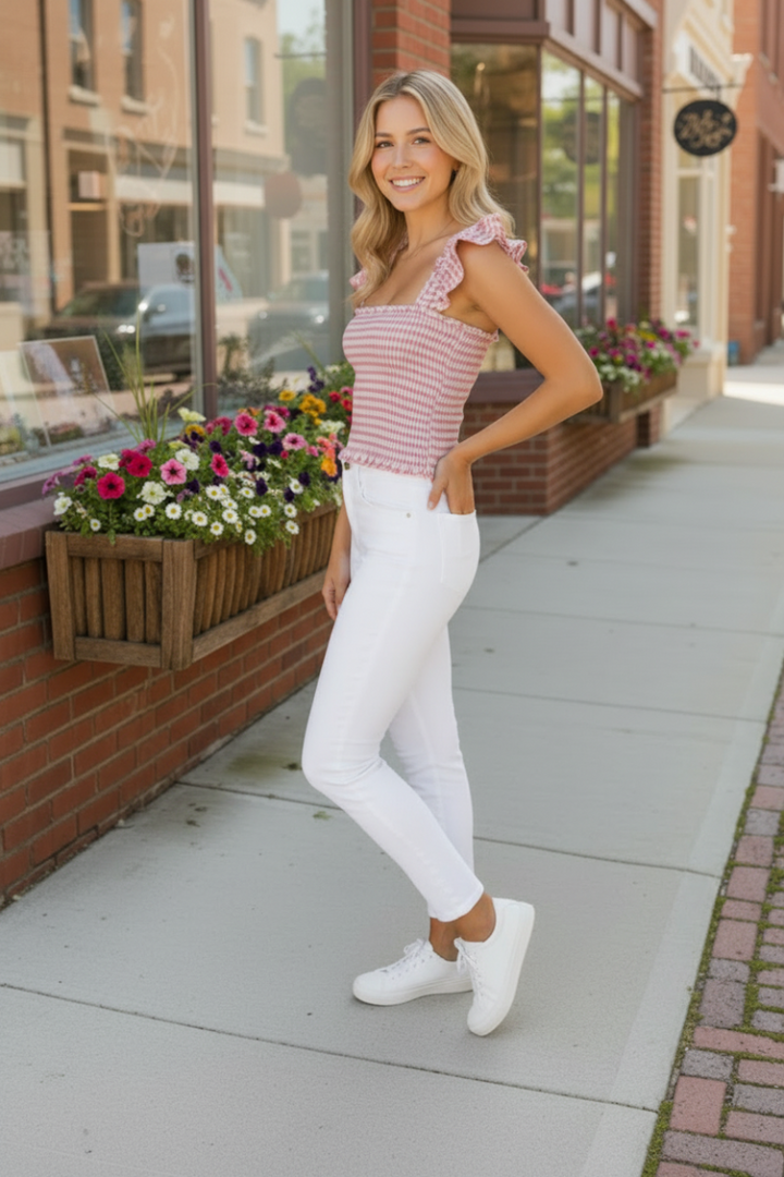 GINGHAM SMOCK RUFFLED SLEEVE TOP-AVT10031W