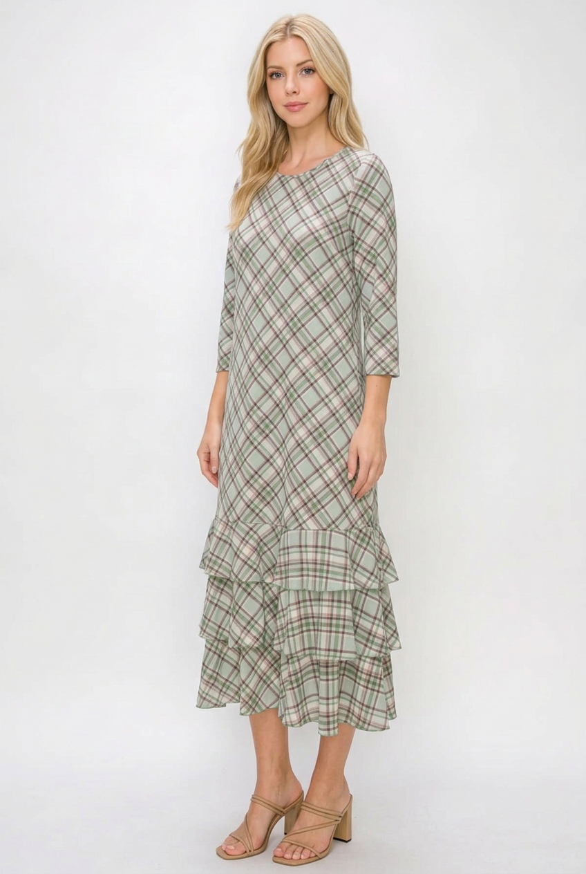Regular-size blonde model in a side pose wearing the plaid dress