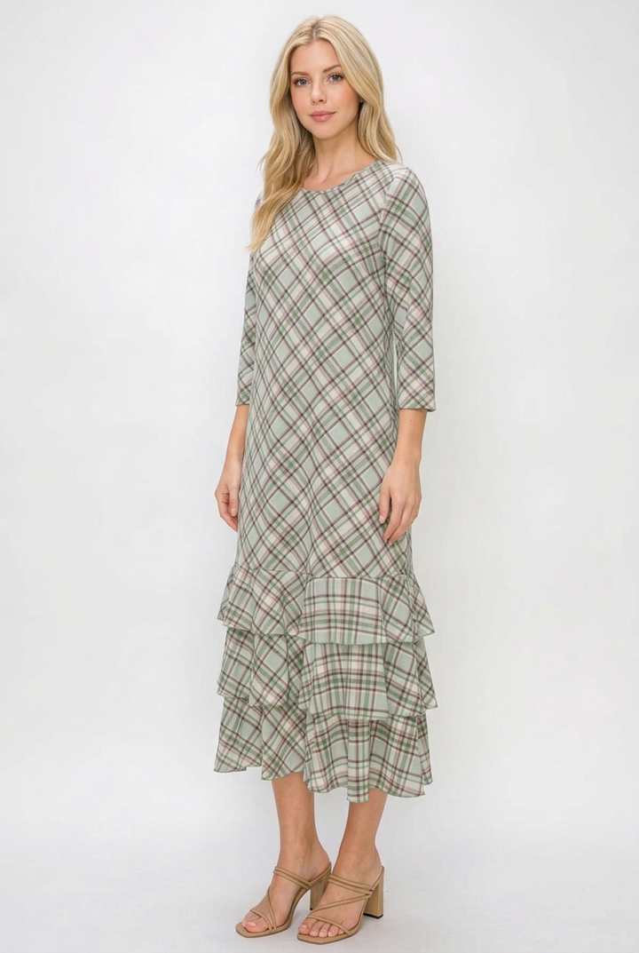 Regular-size blonde model in a side pose wearing the plaid dress